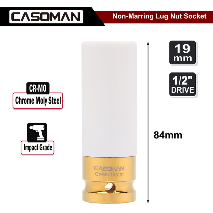 CASOMAN 1/2-Inch Drive Wheel Protector Impact Socket-19mm,Thin Wall Deep Impact Socket, 6-Point, Non-Marring, Color-Coded, Laser-Etched,Metric, CR-MO