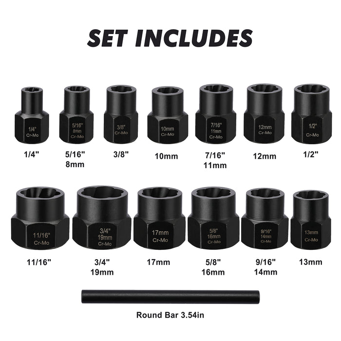 CASOMAN 13 Pieces Impact Bolt & Nut Remover Set, Nut Extractor and Bolt Extractor Twist Socket Set,Bolt Remover Tool Set