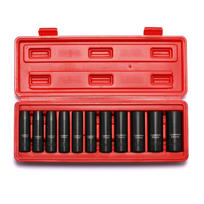 CASOMAN 11 Pieces 1/2-Inch Drive Deep Impact Socket Set, 6-Point, Metric, 10mm to 24mm