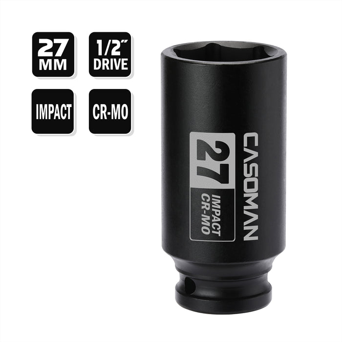 CASOMAN 1/2" Drive x 27 mm Deep 6 PT Impact Socket, CR-MO, 1/2-inch Drive 6 Point Axle Nut Socket for Easy Removal of Axle Shaft Nuts (27MM)