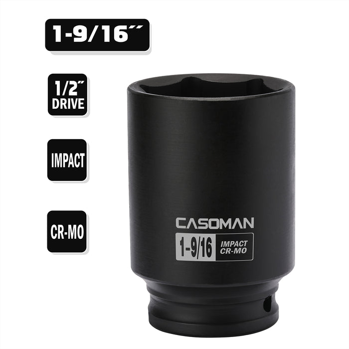 CASOMAN 6-Point 1/2-Inch Drive Deep Impact Socket- 1-9/16" (SAE), CR-MO, 1/2-inch Drive 6 Point Axle Nut Socket for Easy Removal of Axle Shaft Nuts