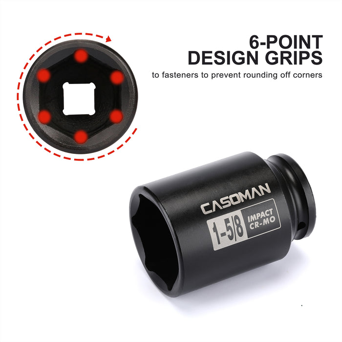 CASOMAN 6-Point 1/2-Inch Drive Deep Impact Socket- 1-5/8" (SAE), CR-MO, 1/2-inch Drive 6 Point Axle Nut Socket for Easy Removal of Axle Shaft Nuts