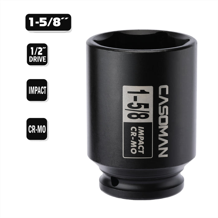 CASOMAN 6-Point 1/2-Inch Drive Deep Impact Socket- 1-5/8" (SAE), CR-MO, 1/2-inch Drive 6 Point Axle Nut Socket for Easy Removal of Axle Shaft Nuts