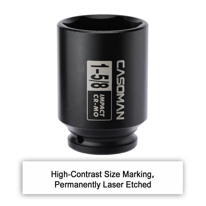 CASOMAN 6-Point 1/2-Inch Drive Deep Impact Socket- 1-5/8" (SAE), CR-MO, 1/2-inch Drive 6 Point Axle Nut Socket for Easy Removal of Axle Shaft Nuts