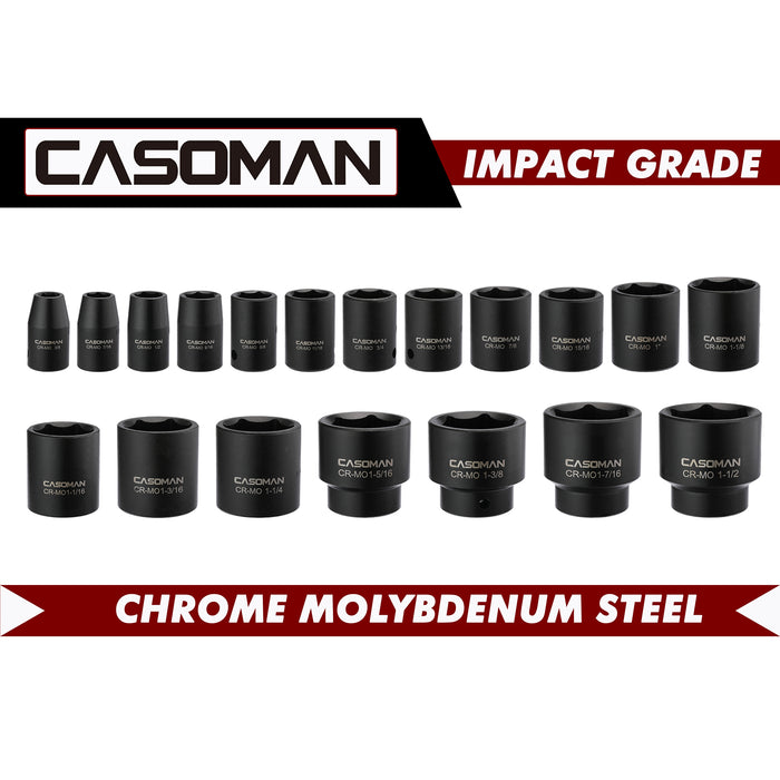 CASOMAN 19 Piece 1/2-Inch Drive Standard Impact Socket Set, SAE, Shallow, 3/8" to 1-1/2", Cr-Mo Alloy Steel, Radius Corner Design, Impact Grade