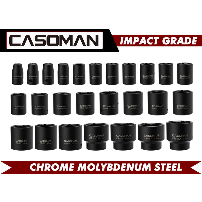 CASOMAN 26 Piece 1/2 Inch Drive Impact Socket Set,Metric,Shallow,10mm to 36mm, Cr-Mo Alloy Steel, Radius Corner Design, Impact Grade