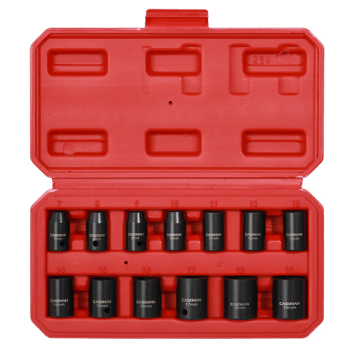 CASOMAM 13 Pieces 3/8-Inch Drive Impact Socket Set, 6-Point, Metric, Shallow, CR-V, 7mm to 19mm, Heavy Duty Blow Molded Storage Case