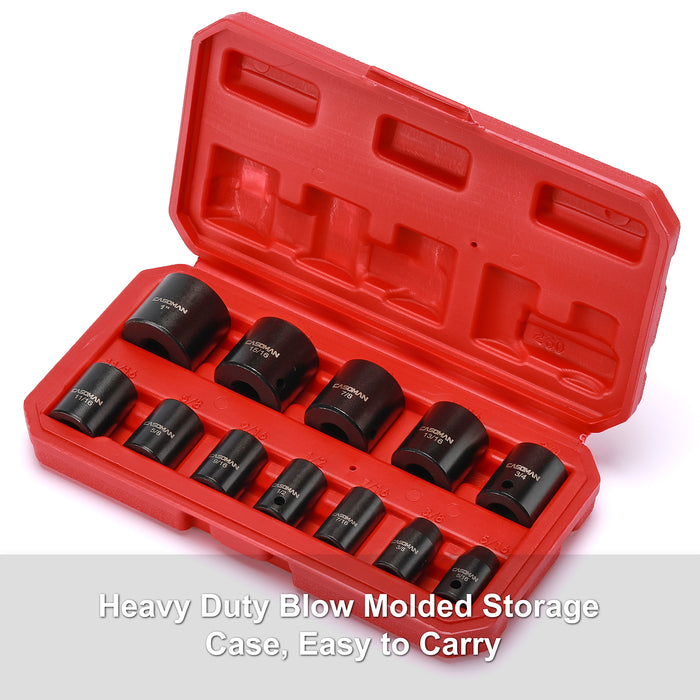CASOMAM 12 Pieces 3/8-Inch Drive Impact Socket Set, 6-Point, SAE, Shallow, CR-V, 5/16" to 1", Heavy Duty Blow Molded Storage Case