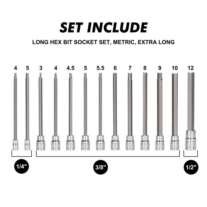 CASOMAN 13 Pieces Long Hex Bit Socket Set,1/4",3/8"&1/2"Dr, 3mm to 12mm, Metric, Extra Long Allen Hex Bit Socket Set, CR-V and S2 Steel