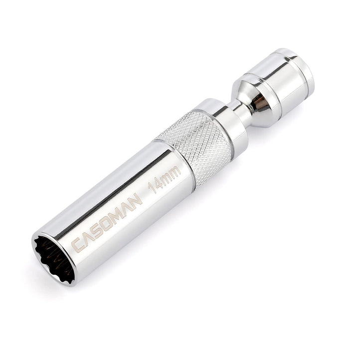 CASOMAN 3/8"Dr. Magnetic Spark Plug Socket-14mm, 360° Degree Swivel, 12-Point, CR-V, Length: 4-Inch