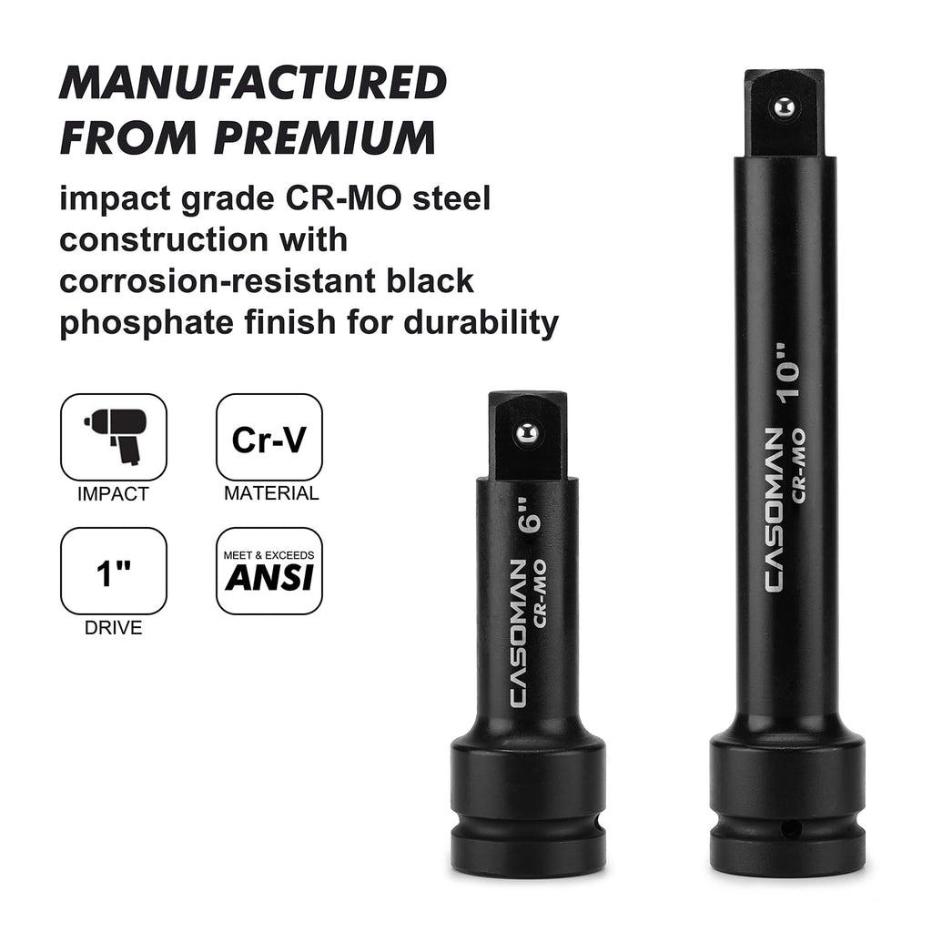 CASOMAN 1-Inch Drive Impact Extension Bars, Length: 6" & 10", Impact Socket Extension, CR-MO Steel