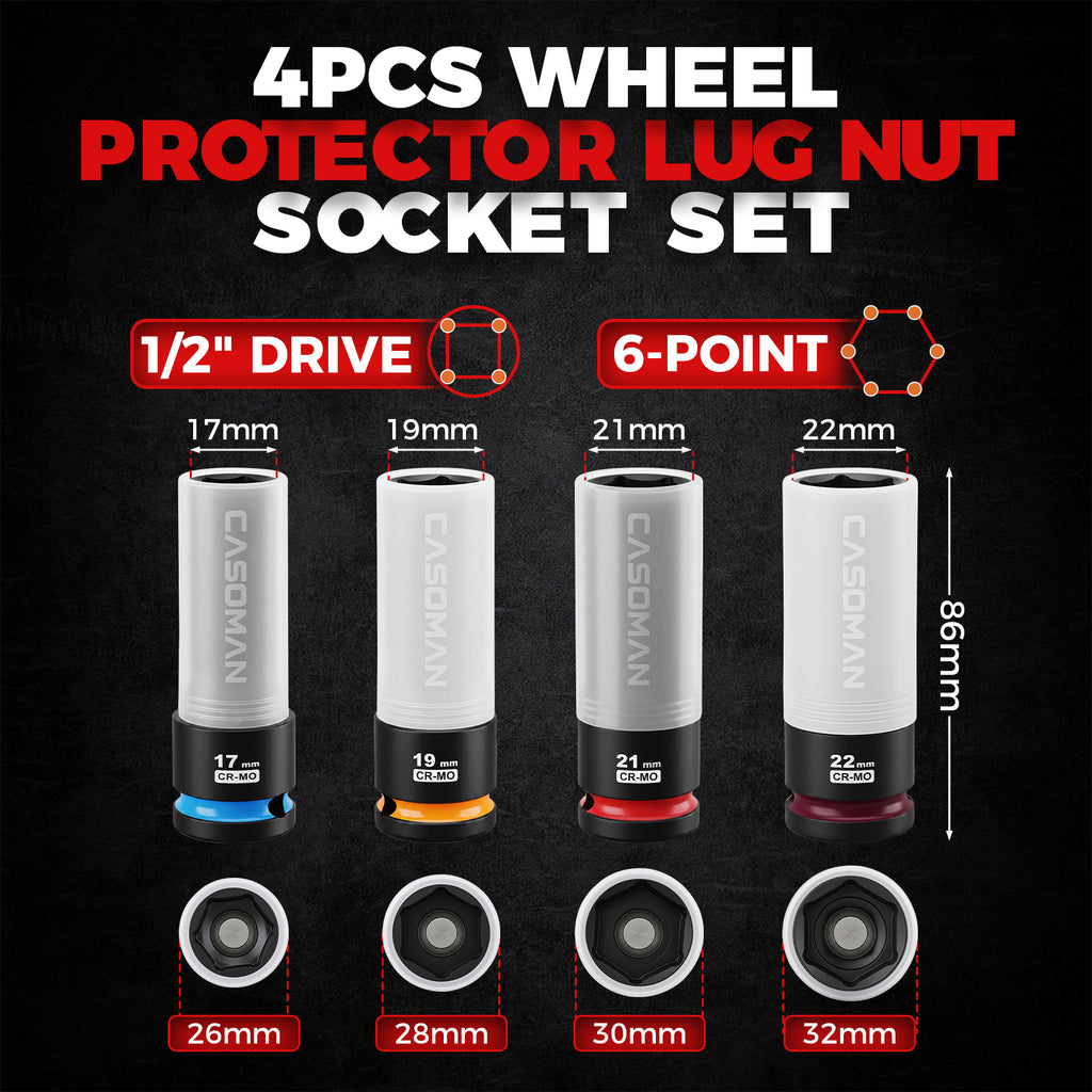CASOMAN 4PCS 1/2" Drive Lug Nut Impact Socket Set, Non-Marring Thin Wall Wheel Protector, Color-Coded, 17mm 19mm 21mm 22mm, 6-Point, CR-MO