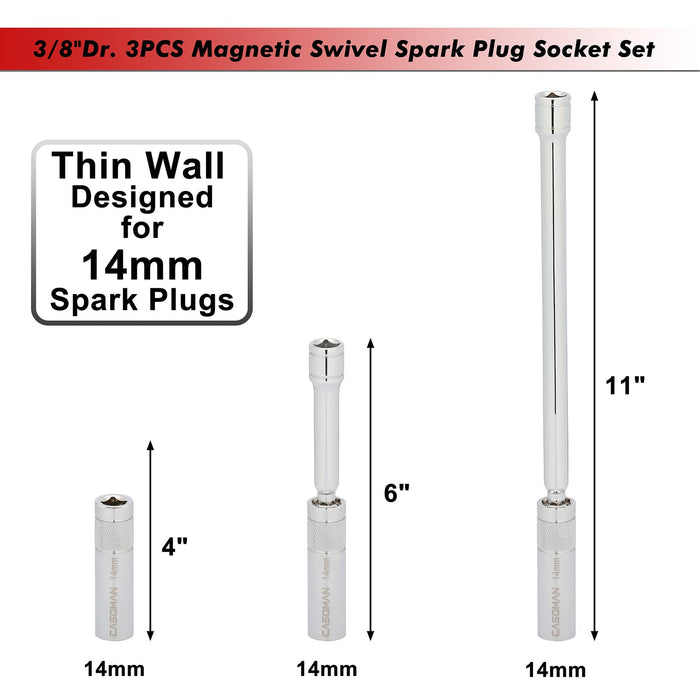 CASOMAN 3PCS 3/8"Dr. Magnetic Spark Plug Socket Set, Thin Wall, 14mm x 2.8", 14mm x 6", 14mm x 11", 12-Point, CR-V
