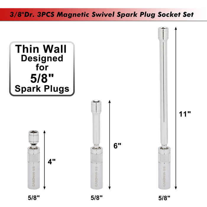 CASOMAN 3PCS 3/8" Dr. Swivel Magnetic Spark Plug Socket, 360° Degree Swivel, 5/8“ x 4inch, 5/8" x 6inch, 5/8” x 11inch, 12-Point, CR-V