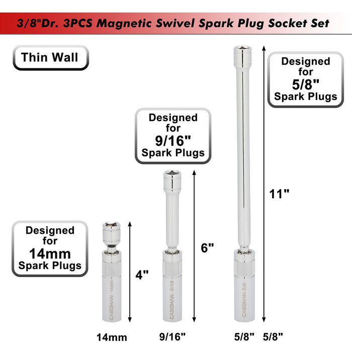 CASOMAN 3PCS 3/8" Dr. Swivel Magnetic Spark Plug Socket, 14mm x 4inch，9/16" x 6inch，5/8” x 11inch, 360° Degree Swivel, 12-Point, CR-V