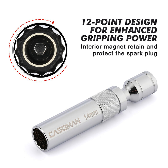 CASOMAN 3PCS 3/8" Dr. Swivel Magnetic Spark Plug Socket, 14mm x 4inch，9/16" x 6inch，5/8” x 11inch, 360° Degree Swivel, 12-Point, CR-V