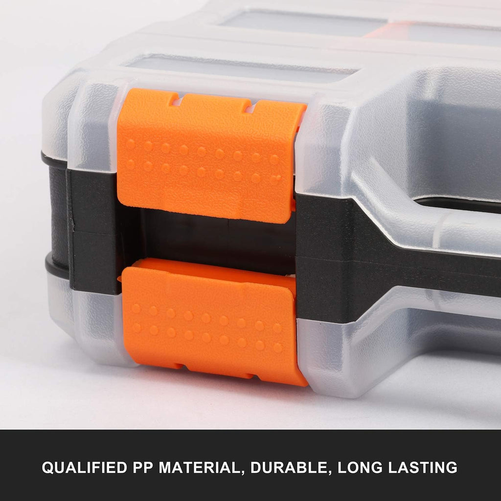 CASOMAN Double Sided Small Parts Organizer, 34 Compartment Hardware Storage Box, Screw & Bolt Organizer with Removable Dividers, Black/Orange