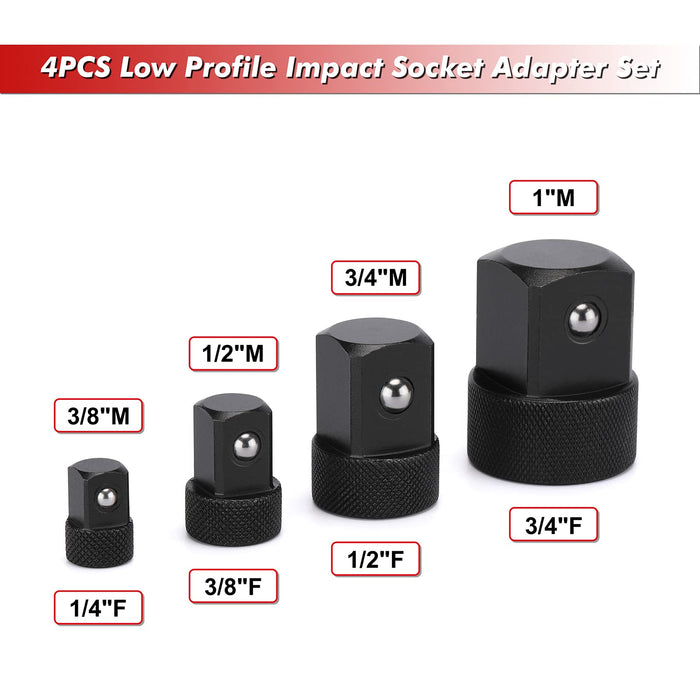 CASOMAN 4PCS Low Profile Impact Socket Adapter Set, CR-MO, 1/4"F to 3/8"M, 3/8"F to 1/2"M, 1/2"F to 3/4"M, 3/4"F to 1"M, Designed for impact use