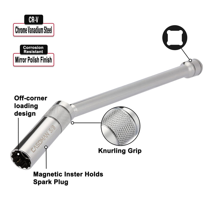 CASOMAN 3/8" Dr. Magnetic Spark Plug Socket-5/8-Inch, 360° Degree Swivel, 12-Point, CR-V, Length: 11-Inch