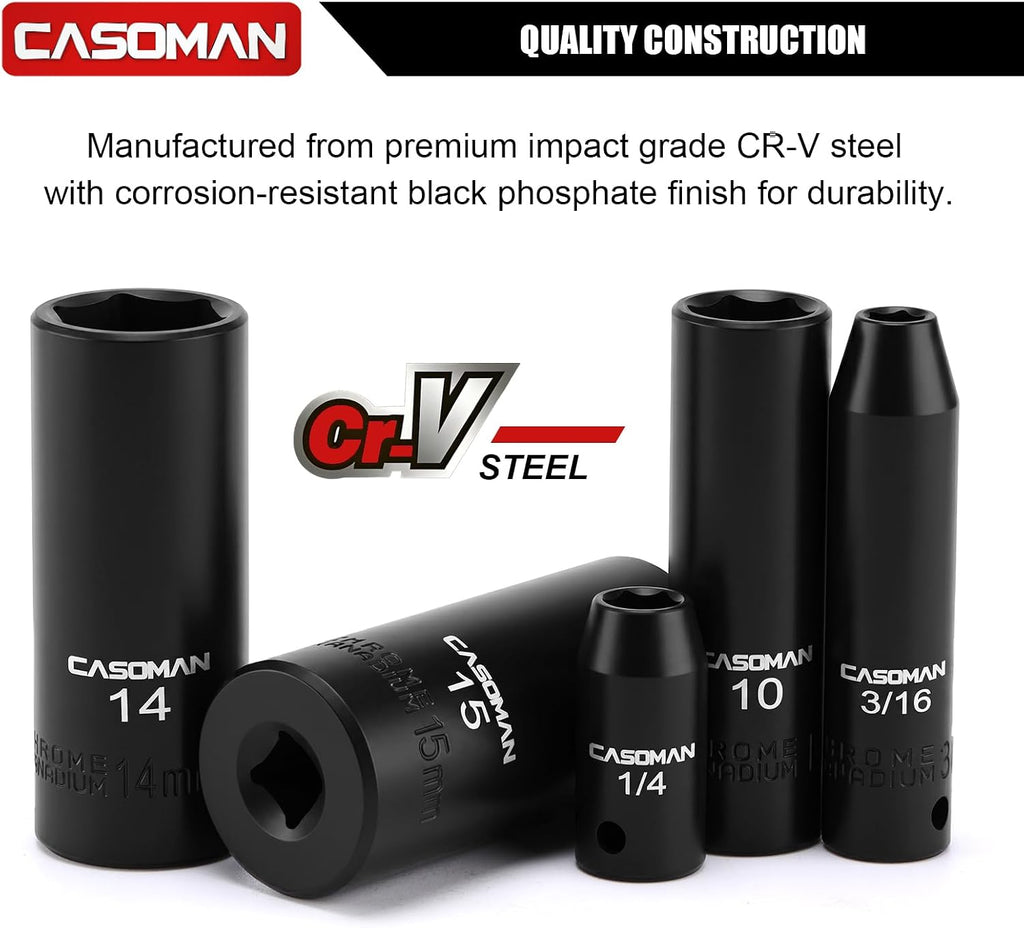 CASOMAN 1/4 Inch Drive Master Impact Socket Set, 50-Piece, SAE/Metric, 5/32 Inch - 9/16 Inch, 4mm - 15mm, Shallow/Deep,CR-V