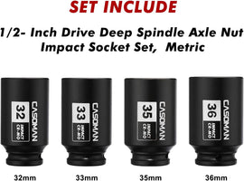 CASOMAN 1/2'' Drive Deep Spindle Axle Nut Impact Socket Set, 6 Point,Heavy Duty Use In Removing And Installing Axle Nuts