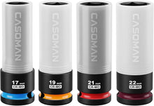 Load image into Gallery viewer, CASOMAN 4PCS 1/2" Drive Lug Nut Impact Socket Set, Non-Marring Thin Wall Wheel Protector, Color-Coded, 17mm 19mm 21mm 22mm, 6-Point, CR-MO