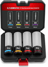 Load image into Gallery viewer, CASOMAN 4PCS 1/2" Drive Lug Nut Impact Socket Set, Non-Marring Thin Wall Wheel Protector, Color-Coded, 17mm 19mm 21mm 22mm, 6-Point, CR-MO
