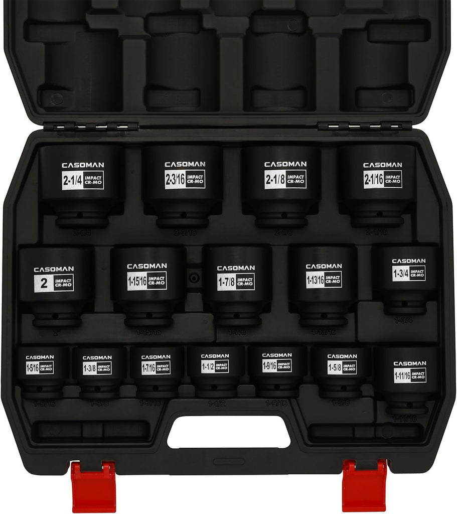 CASOMAN 16PCS 1/2" Drive Shallow Spindle Axle Nut Impact Socket Set, 6-Point, Large Socket Set, SAE(1-5/16" to 2-1/4"), CR-MO