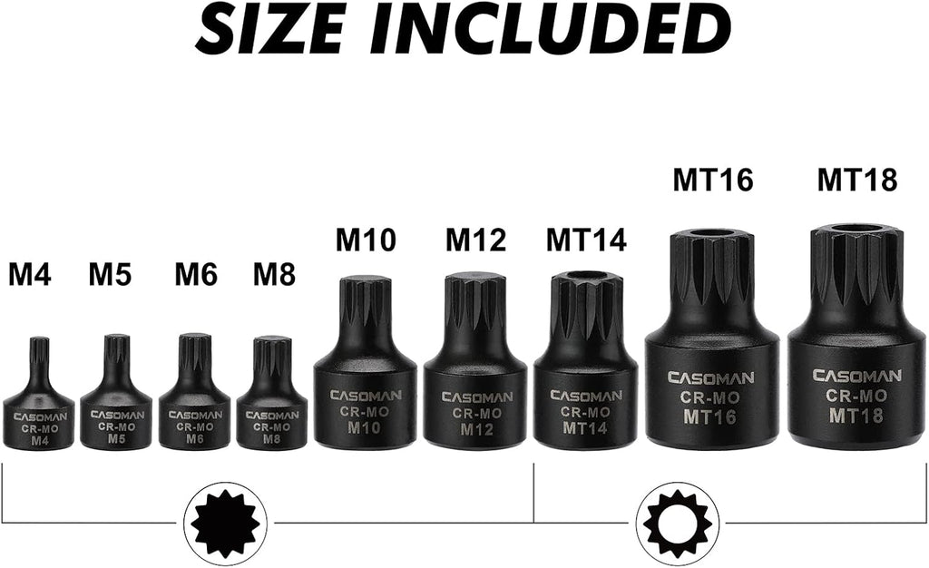 CASOMAN 9-Piece Low Profile Impact Triple Square Bit Socket Set,Includes Storage Rail,1/4", 3/8" and 1/2" Drive,CR-MO Steel, Designed for Impact Use