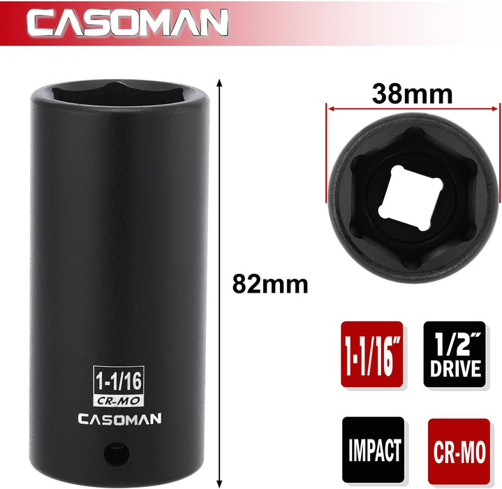 CASOMAN 1/2" Drive x 1-1/16" Deep Impact Socket, 6-Point, SAE, CR-MO