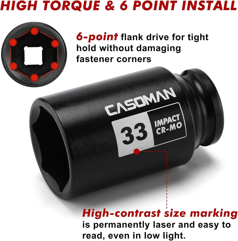 CASOMAN 1/2'' Drive Deep Spindle Axle Nut Impact Socket Set, 6 Point,Heavy Duty Use In Removing And Installing Axle Nuts