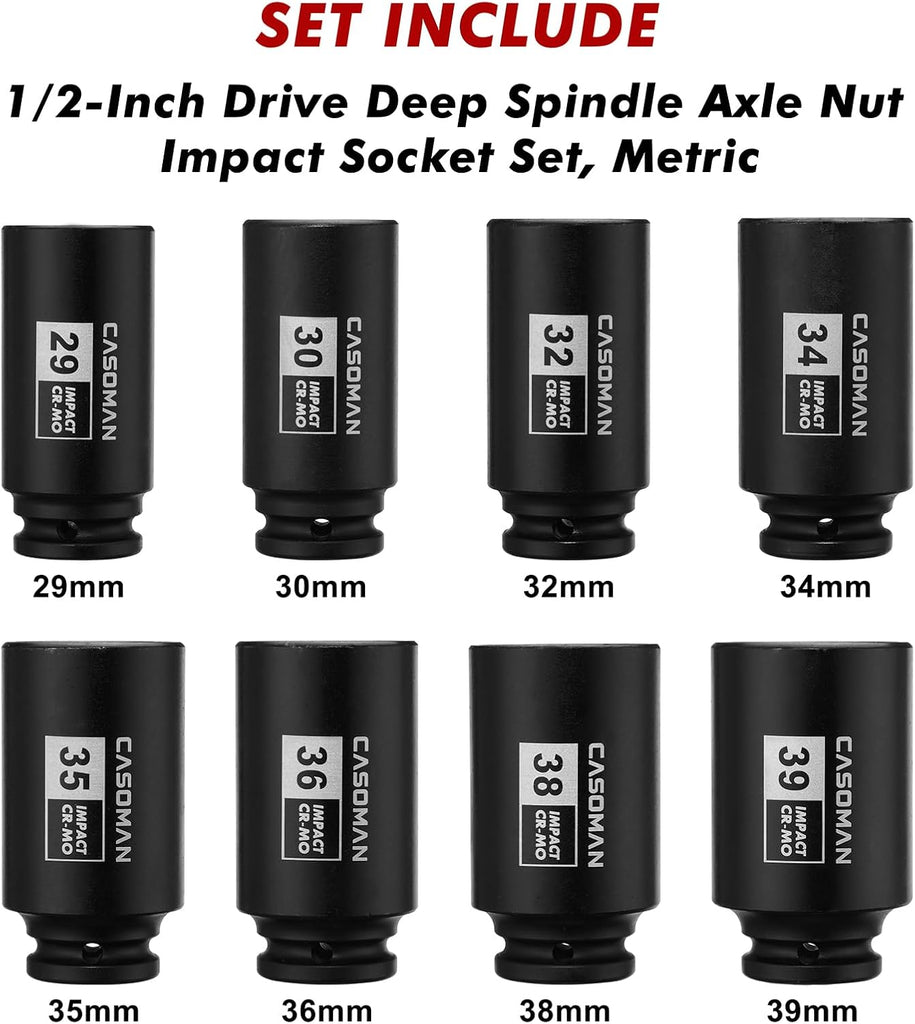 CASOMAN 1/2-Inch Drive Deep Spindle Axle Nut Impact Socket Set,12 Point, 8 Piece 1/2" Heavy Duty Impact Socket Set