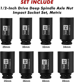 CASOMAN 1/2-Inch Drive Deep Spindle Axle Nut Impact Socket Set,12 Point, 8 Piece 1/2