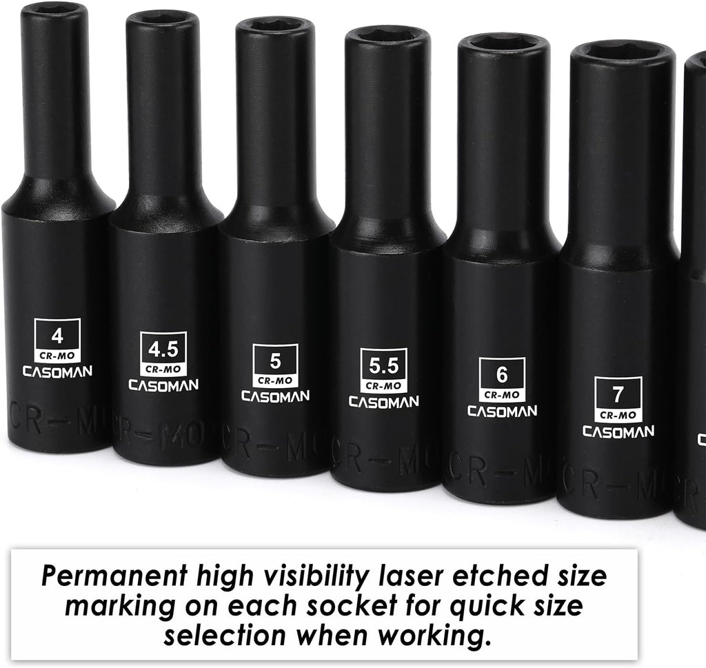CASOMAN 14PCS 1/4"Drive Magnetic Impact Socket Set, Deep, 6-Point, Metric, 4mm to 15mm, CR-MO
