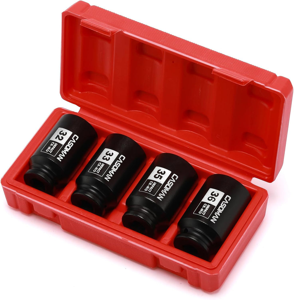 CASOMAN 1/2'' Drive Deep Spindle Axle Nut Impact Socket Set, 6 Point,Heavy Duty Use In Removing And Installing Axle Nuts