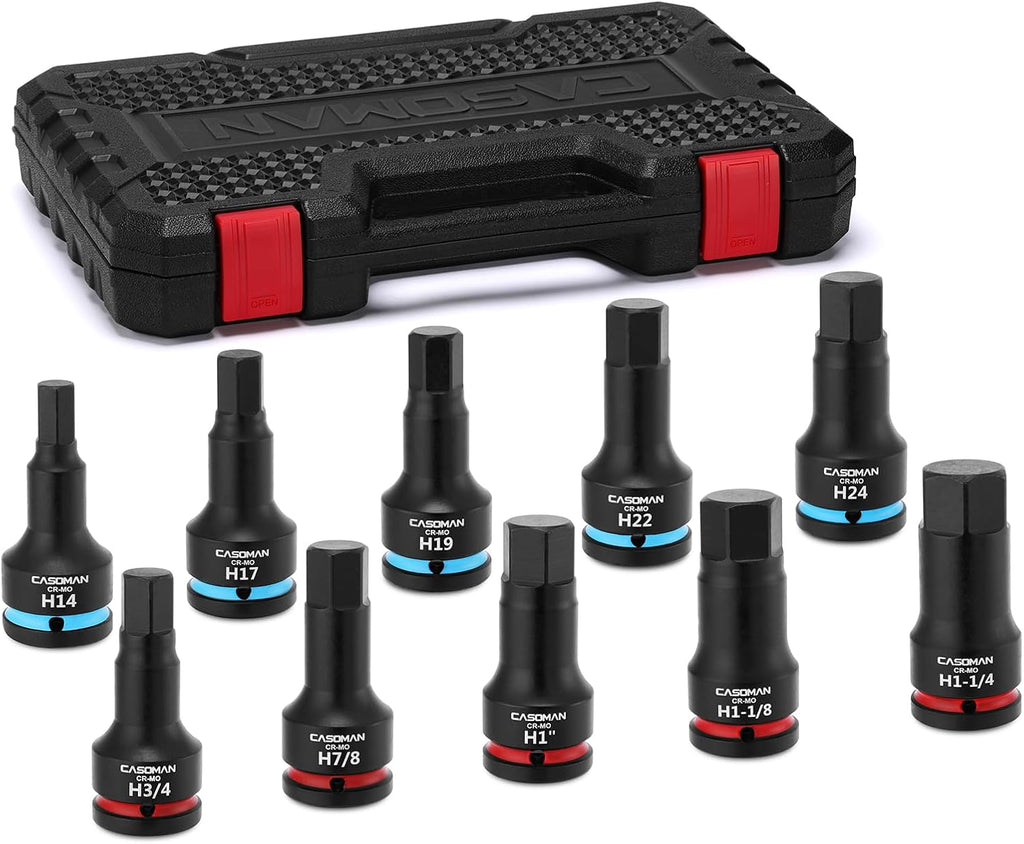 CASOMAN 3/4-Inch Drive Impact Hex Bit Driver Set, 10 Pieces Allen Bit Socket Set with Storage Case, Metric & SAE, CR-MO Steel, Impact Grade, One-Piece Construction