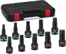 CASOMAN 3/4-Inch Drive Impact Hex Bit Driver Set, 10 Pieces Allen Bit Socket Set with Storage Case, Metric & SAE, CR-MO Steel, Impact Grade, One-Piece Construction