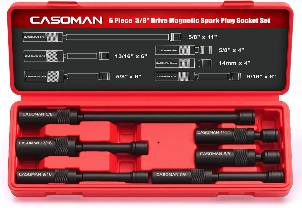 CASOMAN 6PCS Magnetic Swivel Spark Plug Socket Set, 3/8-Inch Drive, 12-Point Socket Set with 9/16", 5/8", 13/16", 14mm Sockets, 4", 6" & 11" Length，CR-V