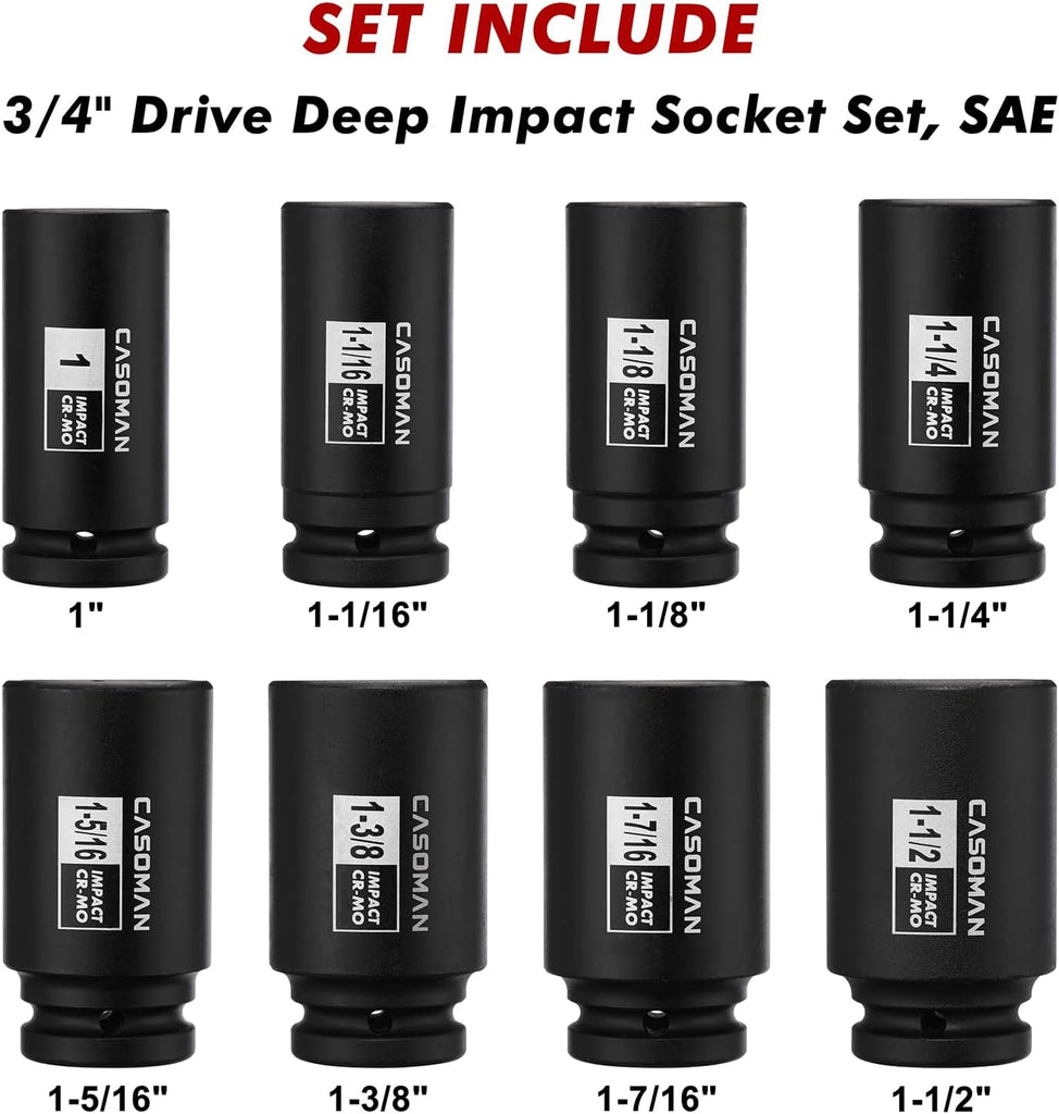 CASOMAN 3/4" Drive Deep Impact Socket Set, 8 Piece Set, SAE Sizes (1-Inch to 1-1/2-Inch), 6 Point, 3/4" Dr. Heavy Duty Impact Socket Set