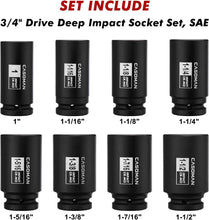 Load image into Gallery viewer, CASOMAN 3/4" Drive Deep Impact Socket Set, 8 Piece Set, SAE Sizes (1-Inch to 1-1/2-Inch), 6 Point, 3/4" Dr. Heavy Duty Impact Socket Set