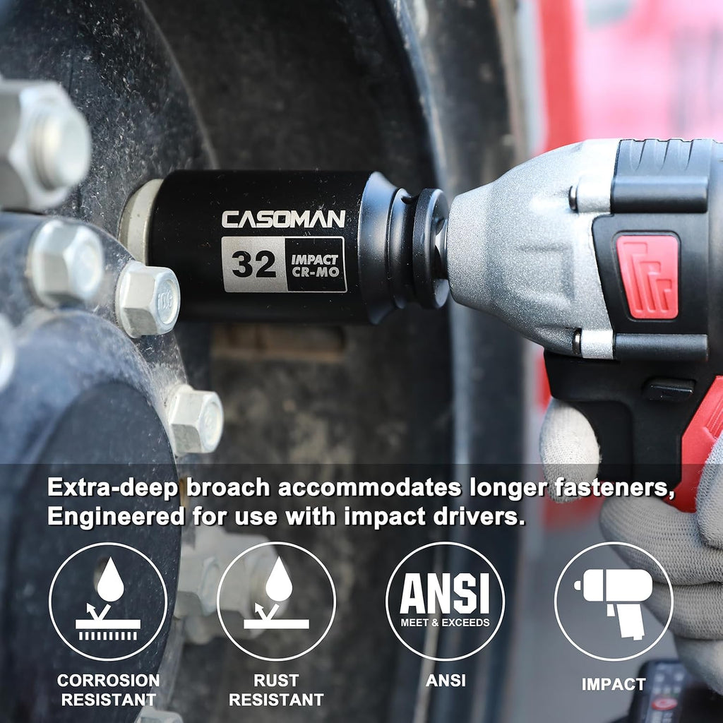 CASOMAN 1/2'' Drive Deep Spindle Axle Nut Impact Socket Set, 6 Point,Heavy Duty Use In Removing And Installing Axle Nuts