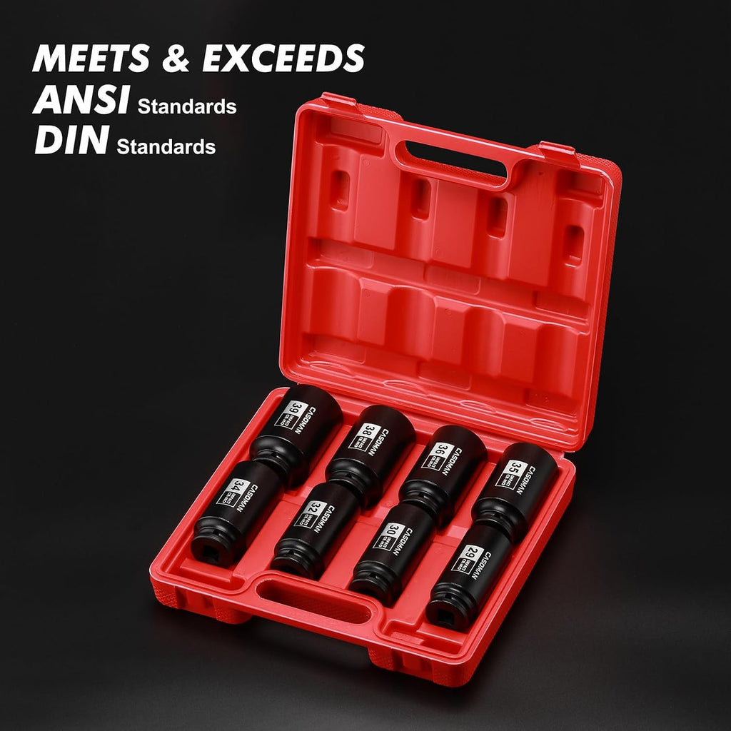 CASOMAN 1/2-Inch Drive Deep Spindle Axle Nut Impact Socket Set,12 Point, 8 Piece 1/2" Heavy Duty Impact Socket Set
