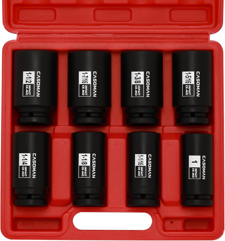 CASOMAN 3/4" Drive Deep Impact Socket Set, 8 Piece Set, SAE Sizes (1-Inch to 1-1/2-Inch), 6 Point, 3/4" Dr. Heavy Duty Impact Socket Set