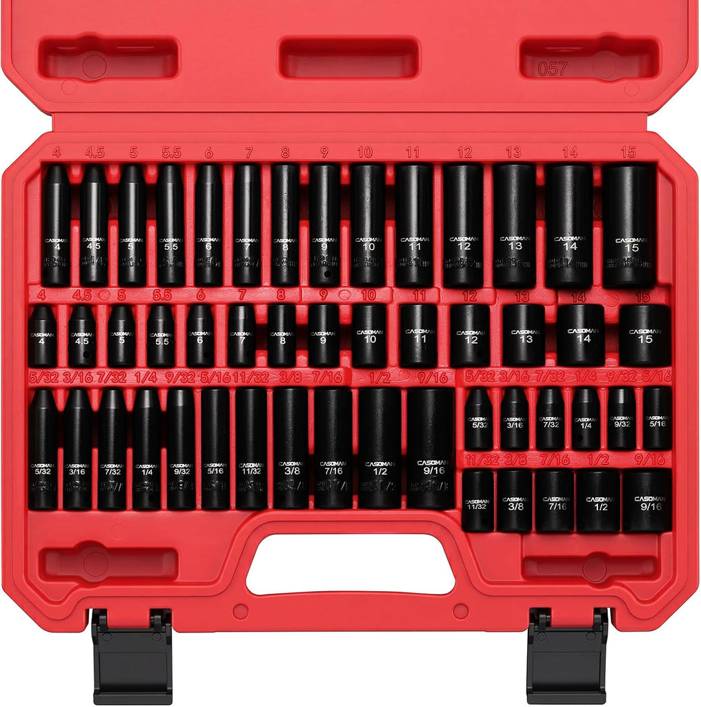 CASOMAN 1/4 Inch Drive Master Impact Socket Set, 50-Piece, SAE/Metric, 5/32 Inch - 9/16 Inch, 4mm - 15mm, Shallow/Deep,CR-V