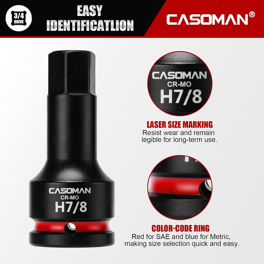 CASOMAN 3/4-Inch Drive Impact Hex Bit Driver Set, 10 Pieces Allen Bit Socket Set with Storage Case, Metric & SAE, CR-MO Steel, Impact Grade, One-Piece Construction