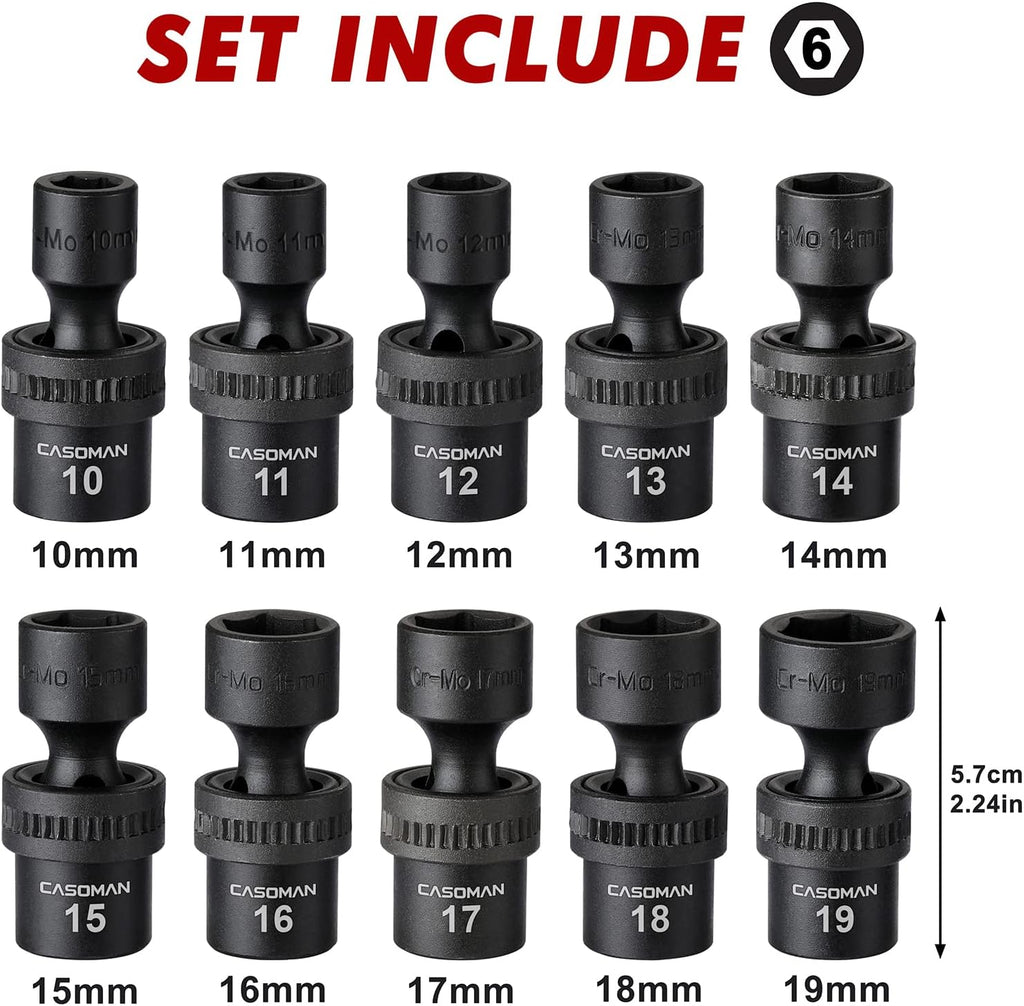 CASOMAN 10 PCS 3/8" Drive Standard Universal Impact Socket Set, 6 Point, CR-MO, Metric,10-19mm