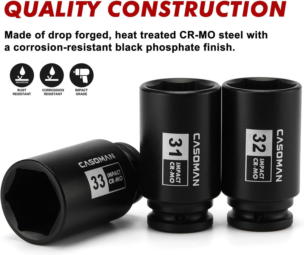 CASOMAN 1/2- Inch Drive Deep Spindle Axle Nut Impact Socket Set, 6 Point, CR-MO, Metric, 29mm-38mm, 9-Piece 1/2" Dr. Deep Impact Socket Set
