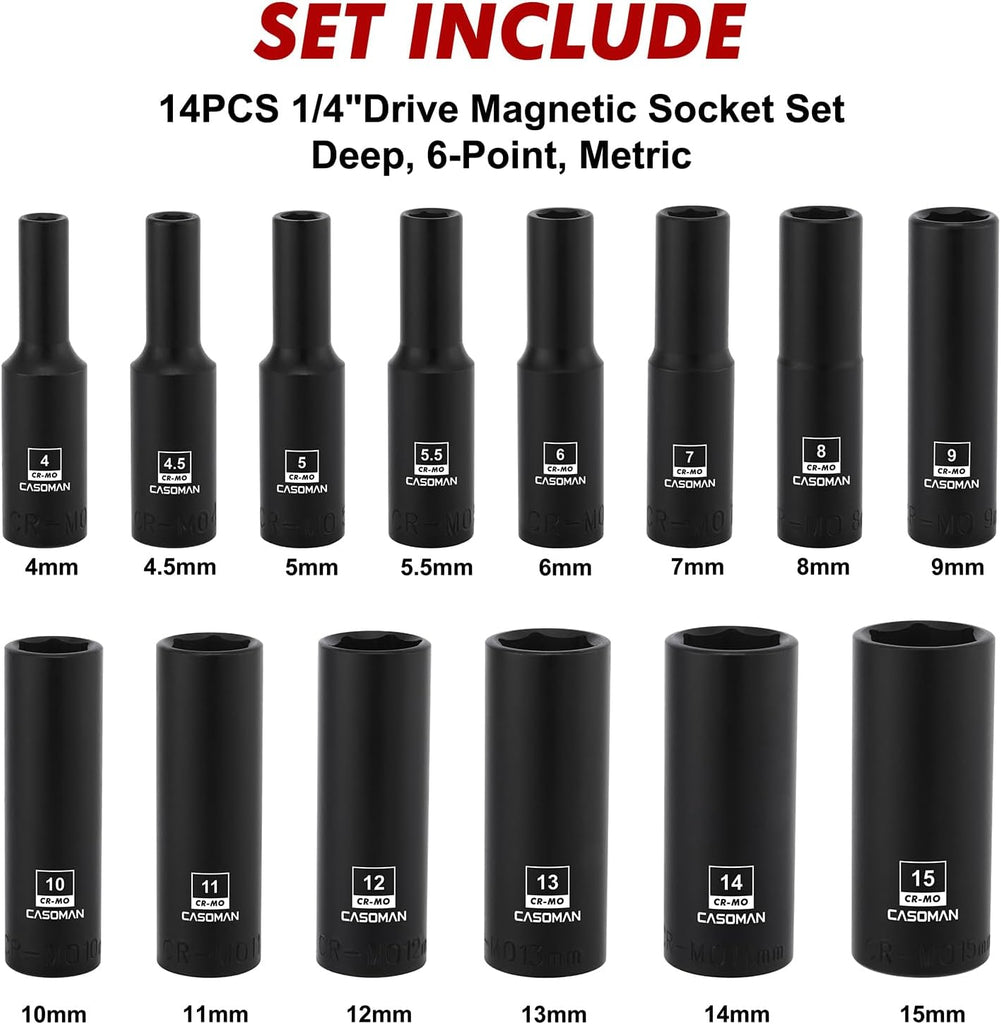 CASOMAN 14PCS 1/4"Drive Magnetic Impact Socket Set, Deep, 6-Point, Metric, 4mm to 15mm, CR-MO
