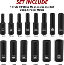 Load image into Gallery viewer, CASOMAN 14PCS 1/4"Drive Magnetic Impact Socket Set, Deep, 6-Point, Metric, 4mm to 15mm, CR-MO