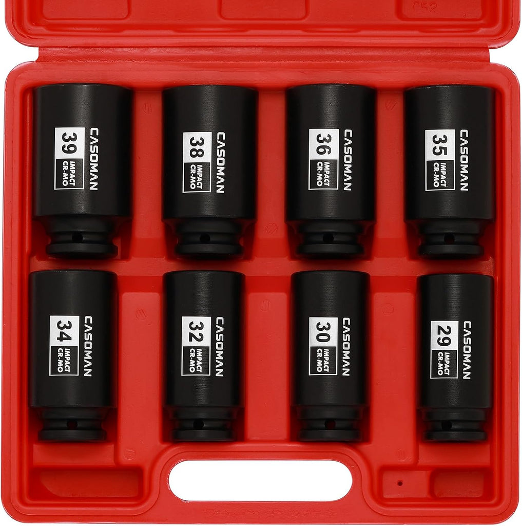CASOMAN 1/2-Inch Drive Deep Spindle Axle Nut Impact Socket Set,12 Point, 8 Piece 1/2" Heavy Duty Impact Socket Set